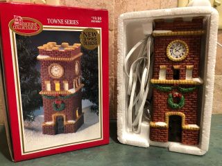 Dickens Collectibles Towne Series Porcelain Clock Tower 1995 Lighted House Mib