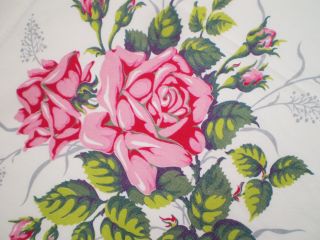 Vintage 1950s Printed Cotton Tablecloth Big Pink Roses 65 " X 55 " Bright Color