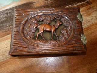 Antique Black Forest Hand Carved Wood Photo Album Book Cover Deer Stag Foliage
