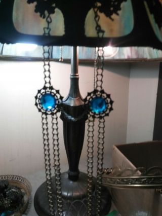 hanging oil kerosene library parlor lamp blue jeweled side chain separator part 3