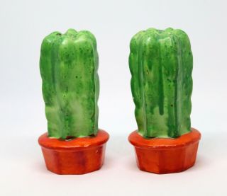 Vintage Ceramic Cactus Salt And Pepper Shakers With Orange Base.  Japan
