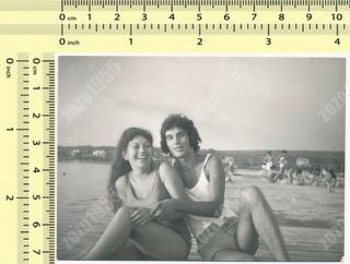 Pretty Couple On Beach Swimwear Woman & Handsome Guy Old Photo Snapshot