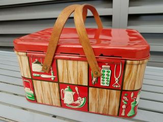Vintage Decoware Tin Red Mid Century Picnic Basket Lunch Box W/bent Wood Handles
