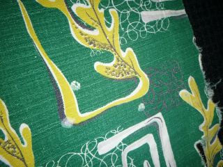 Vtg Cotton Barkcloth Curtain Fabric Green Abstract Seaweed Leaves 42x73 