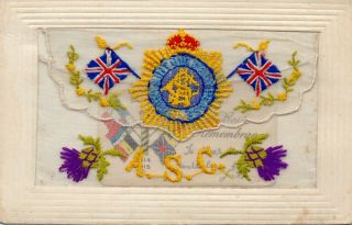 Army Service Corps: Military Badge: Ww1 Patriotic Embroidered Silk Postcard