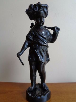 Vintage Cast Bronze Table Figural Statue Boy Carrying Grapes 7.  5 "