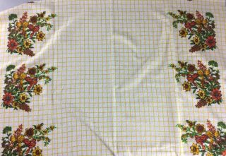 Vintage Terry Cloth Tablecloth White With Yellow Grid Flower Border 51 " X 85 "