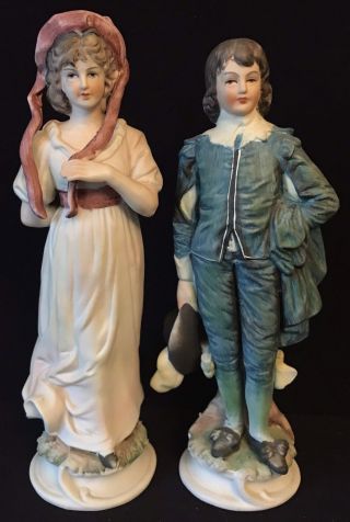 10” Vintage Bisque Figurines – “pinkie” & “blue Boy”,  Norleans,  Made In Japan