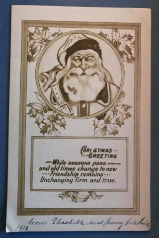 Vintage Christmas Postcard Black & White Sepia Santa Claus Xmas Greetings - A697