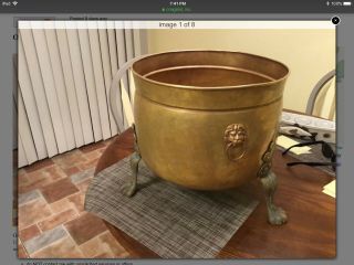 Large Brass / Bronze Jardiniere Pot With Tripod Feet / Lion Head Handles England