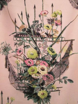 Vtg Fabric Barkcloth Cotton Rayon Cranford Hand Print Pink Floral Bouquets 48x88