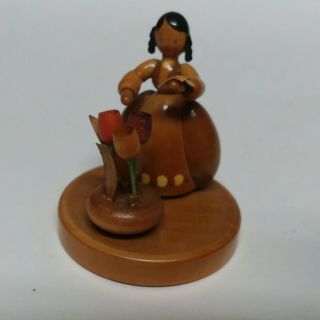 Erzgebirge Woman In With Flowers Hand Crafted Wooden Figurine East Germany