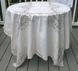 Large Vintage Tablecloth Off White Beige Crocheted Cut Embroidered