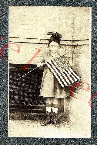 Patriotic Grade School Girl W Usa Flag - Circa 1915 Rppc Photo Grade 4