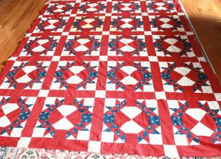 Vtg Antique Quilt Top Turkey Red,  Blue And White 68 X 84 1800 