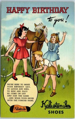 Vintage Advertising Postcard Kali - Sten - Iks Shoes Children / Horse - Linen 1947