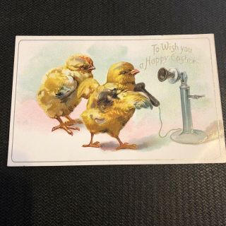 Cute Easter Chicks Talk On Old Fashion Telephone Antique Tuck Postcard - B163