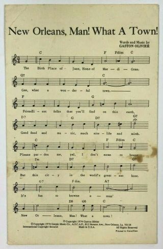 Postcard Orleans Man What A Town Song By Gaston Olivier 1974 Sheet Music