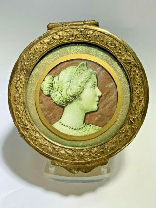 Antique French Bronze Dore Pictorial Relief Round Jewelry Box