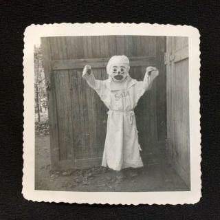 Halloween Child In Ghost Costume Spook Black & White Found Photo 1950s