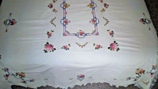 Vintage Linen Tablecloth Floral Hand Embroidered Multi Color 98 " X 62 " Blue Pink