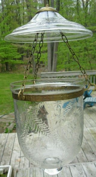 Antique Brass & Glass Hanging Hurricane Candle Lantern W Canopy ?cut
