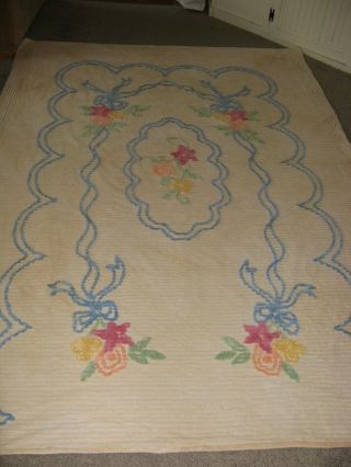 Vintage Pink Blue Peach Green Floral Flowers Chenille Cutter Bedspread