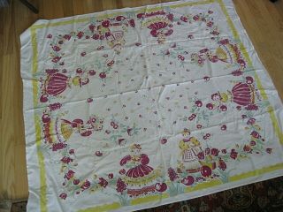 Vtg Cotton Tablecloth Cherries Or Apples Flowers Figures