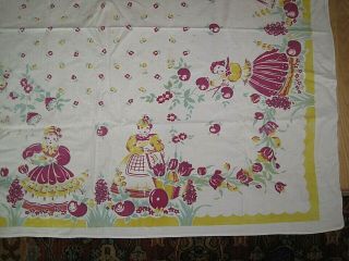 VTG COTTON TABLECLOTH CHERRIES OR APPLES FLOWERS FIGURES 2