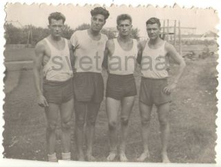1950 Sport Athletes Friends Hug Handsome Young Men Shirtless Vintage Gay Photo