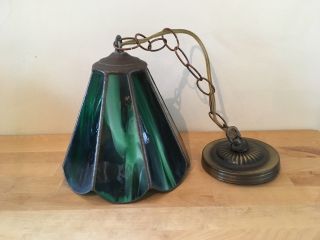 Vintage Swag Slag Glass Hanging Lamp Green Chain Light Ceiling Antique Lead