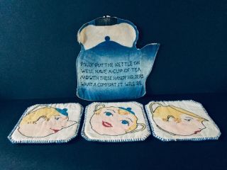 Vintage Embroidered Pot Holders Hot Pads Anthropomorphic Teapot Set