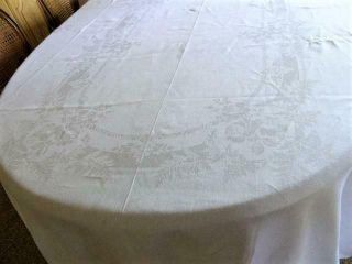 Lovely Vintage White Linen Damask 122 " Tablecloth Roses & Ferns
