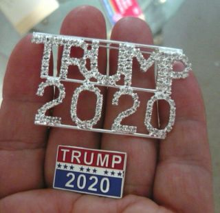 2 Great Trump 2020 Pins - Rhinestone Trump 2020 & Metal Raised Letter Trump 2020