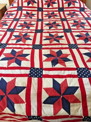 Americana Stars And Stripes Vintage Handmade Star Quilt Hand Tied 97 " X 87 "