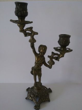 Vintage Solid Bronze Or Brass Figural Nude Boy Stand Candle Stick Holder