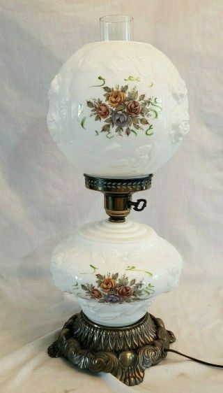 Vtg Gwtw Gone With The Wind Milk Glass Floral/ Puffy Roses Hurricane Table Lamp