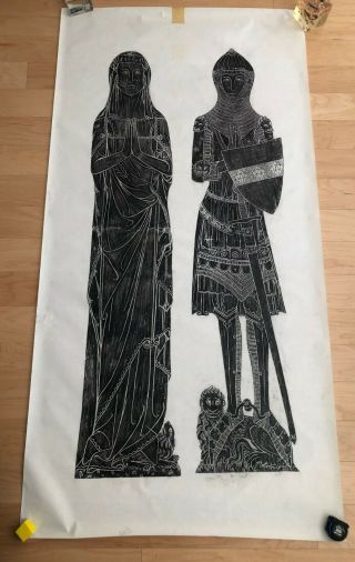 Large 1960s Brass Rubbing Of A Medieval Knight & Lady