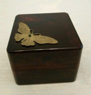 Vintage Faux Tortoise Shell Trinket Box W/ Brass Butterfly & Jade Bead