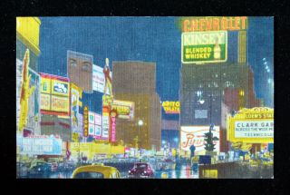1951 Times Square Ny Night Scene Cabs,  Movie Marquees Linen Chrome Postcard