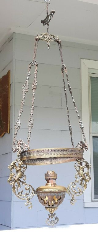 John Scott England Ornate Brass 14 Inch Hanging Library Lamp Frame