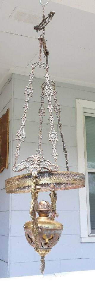 John Scott England Ornate Brass 14 Inch Hanging Library Lamp Frame 2