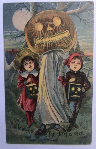 Pumpkin And Children Halloween Vintage Postcard