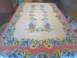 Fabulous Vintage Cotton Print Tablecloth - Pink & Blue Floral&ribbons - 83 " By 54 "