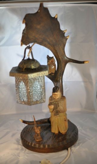 Rare Antique German Black Forest Carved Wood & Antler Desk Lamp Owl Shepard Cat