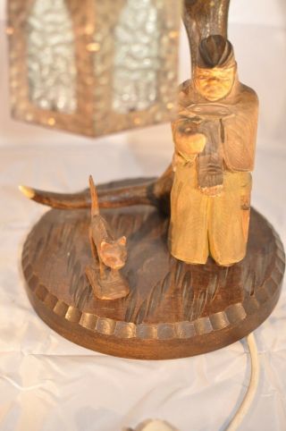 RARE antique German Black Forest Carved Wood & Antler Desk Lamp Owl Shepard Cat 2