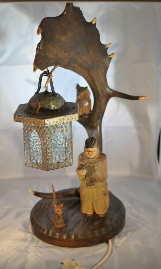 RARE antique German Black Forest Carved Wood & Antler Desk Lamp Owl Shepard Cat 5