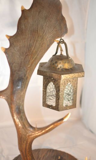 RARE antique German Black Forest Carved Wood & Antler Desk Lamp Owl Shepard Cat 8