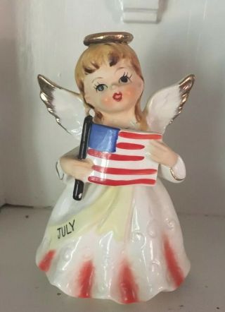 Vintage Napco July Angel Figurine Holds American Flag Wears Sash And Halo 5”