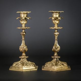 Candlestick | Two Baroque Gilt Candle Holders | 2 Gilded Bronze | 9 "